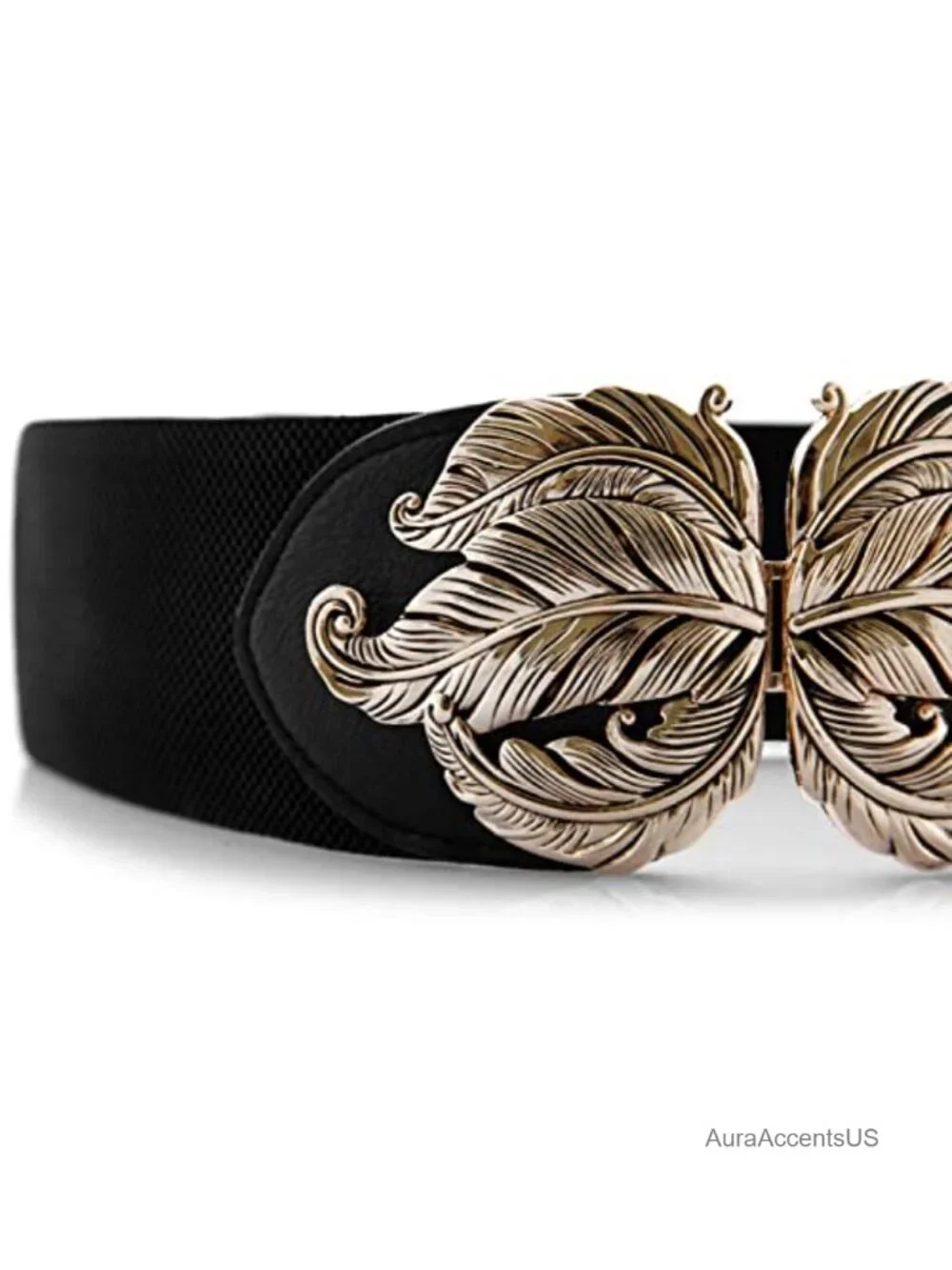 Vintage Stretch Wide Waist Belt Faux Leather Metal Leaf Buckle